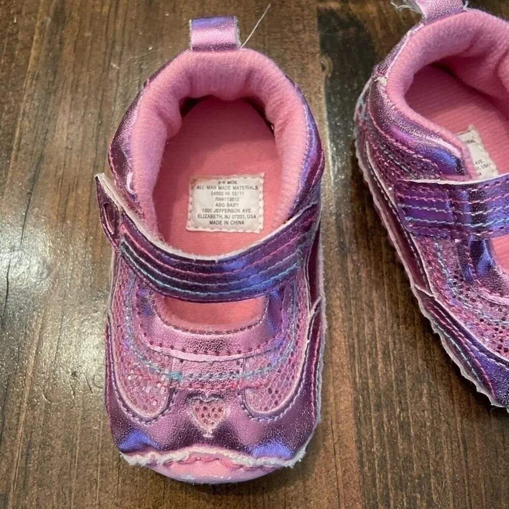 Baby Mary Jane‎ Crib Shoes Kids 3-6M Pink Metallic Glitter Heart Casual Cute